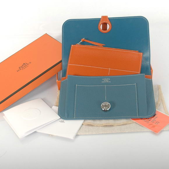 High Quality Hermes Compact Passport Holder Smooth Leather Wallet Blue Fake